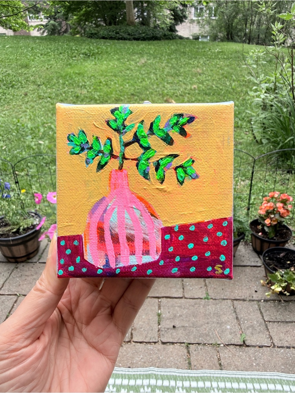 Hand-Painted Pink Vase with Green Leaves Canvas Art by Sara Purves